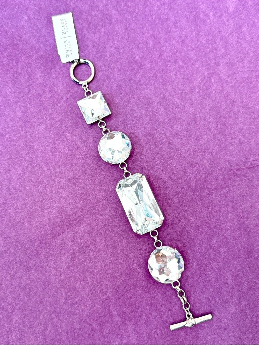 WHBM Oversized Clear Crystal Silver Toggle Statement Bracelet NWT